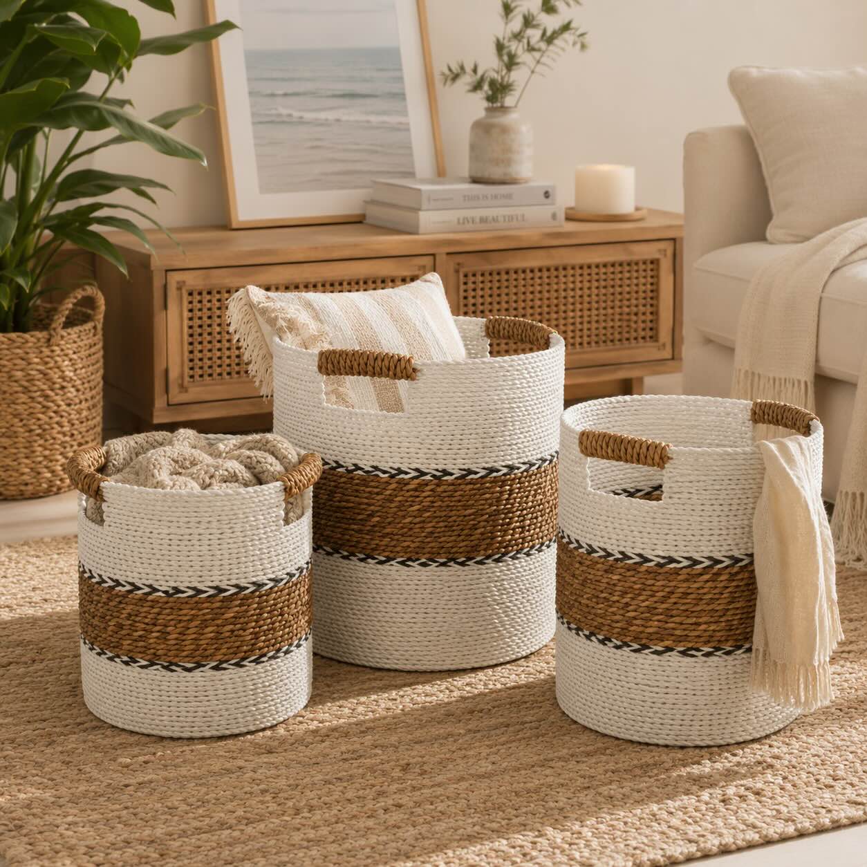 Raffia-Körben, Natur/Weiß (3er Set)