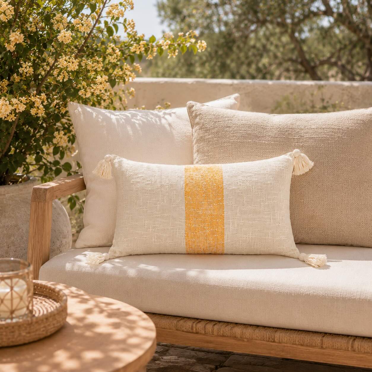 Coussin décoratif rectangulaire avec pompons - Blanc/Orange