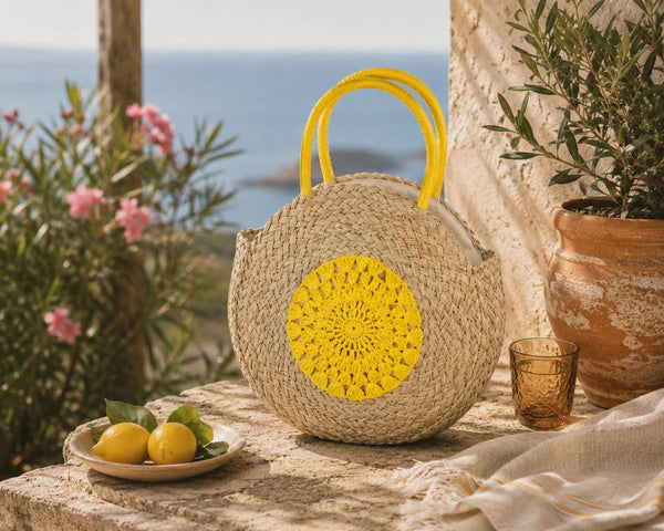 Runde Strandtasche aus Seegras mit Blumenmuster, Natur/Gelb