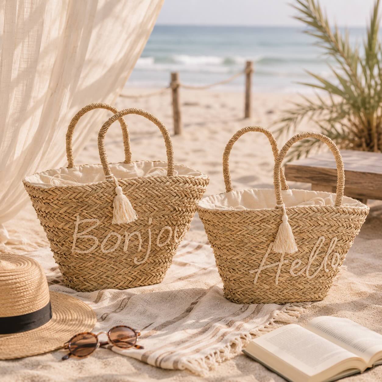 Strandtasche Bonjour/Hello - Natur/Weiß (2er Set)