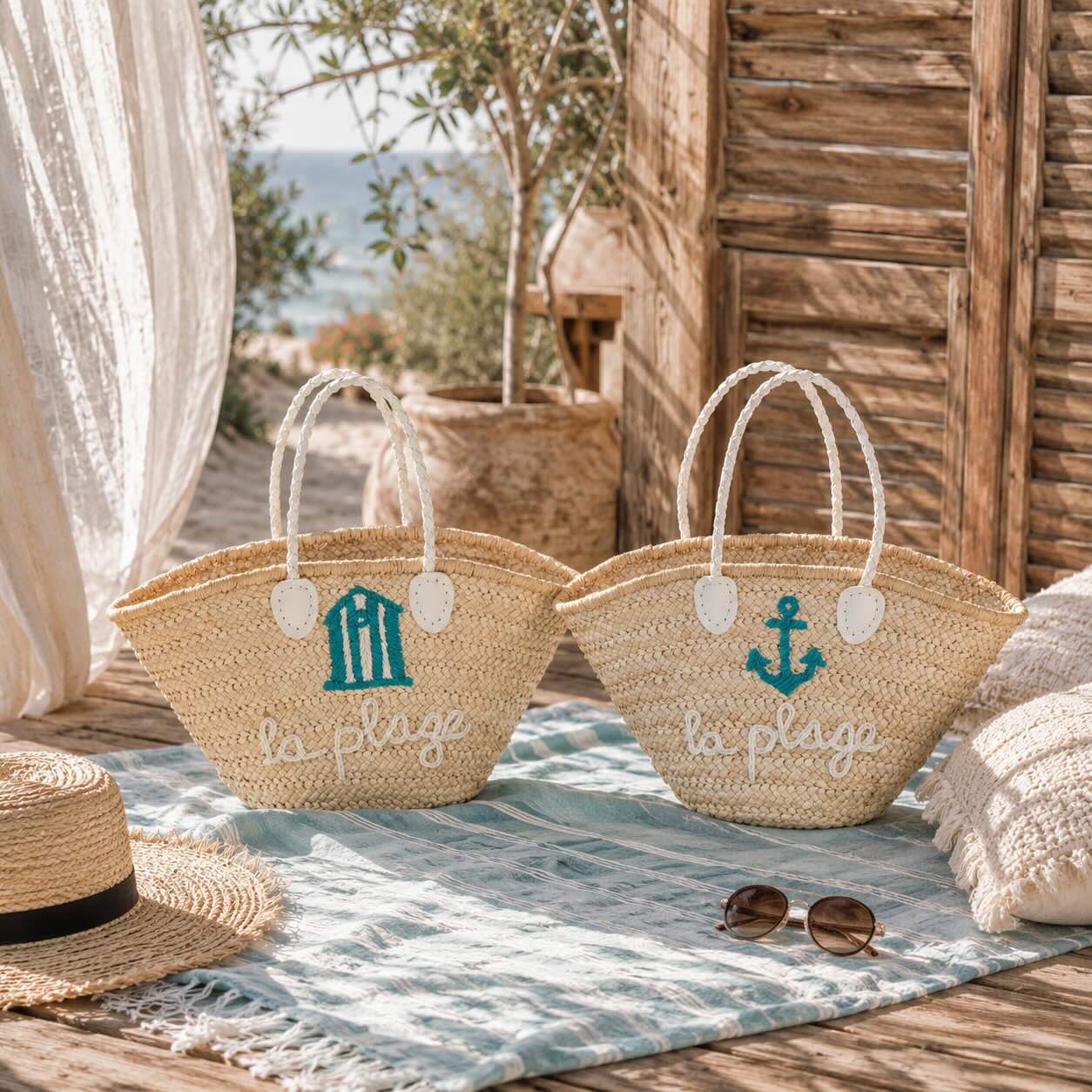 Strandtasche „La Plage“  Natur/Weiß/Azur (2er-Set)