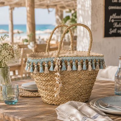 Strandtasche ``Mitjana``aus Seagrass Natur Blau Beige