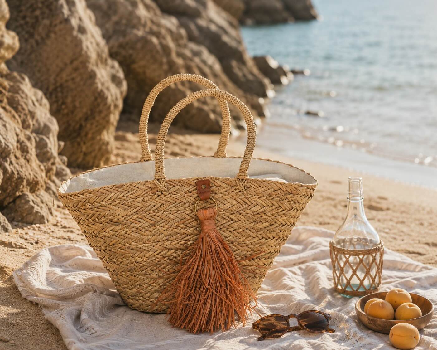 Strandtasche Quasten Natur/Braun