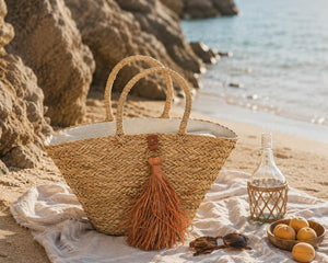 Bolsa de playa Borlas Natural/Marrón