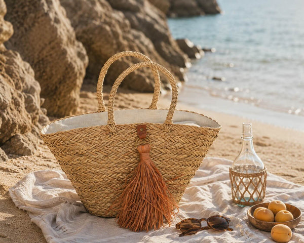 Bolsa de playa Borlas Natural/Marrón