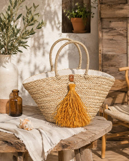 Strandtasche Quasten Natur/Ocker