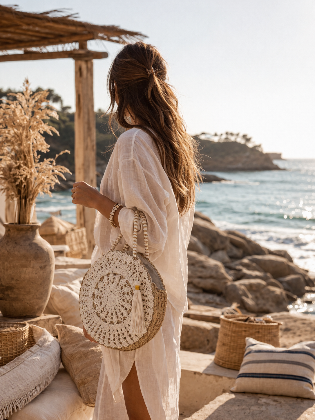 Strandtasche Rund mit Quaste Natur