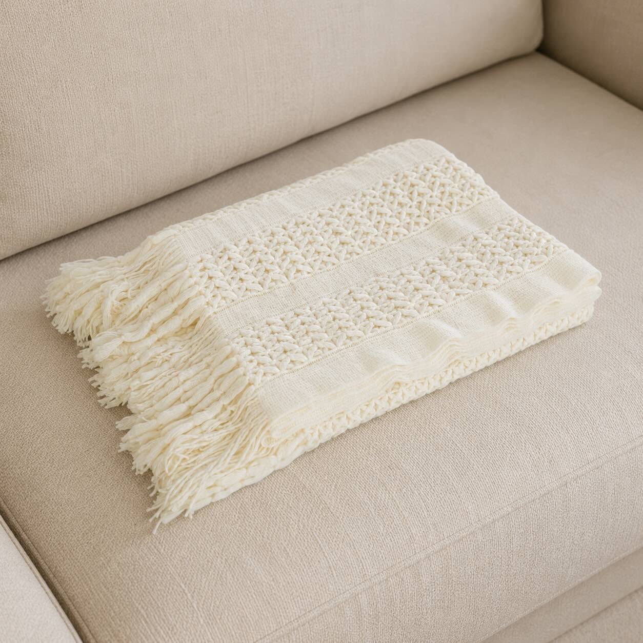 strickdecke weiß mit fransen