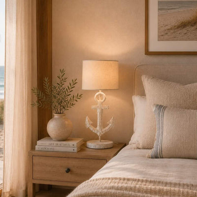 Tischlampe mit Anker Design in Weiß und Natur mit Stoffschirm