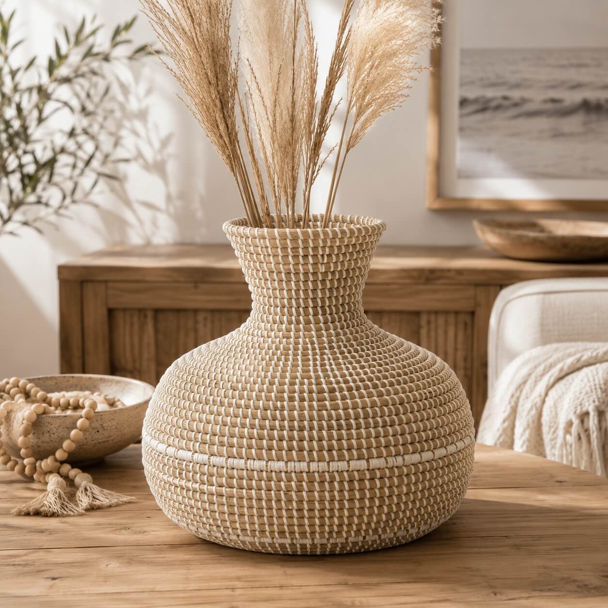 Vase Geflochtenes Seegras, Natur/Weiß