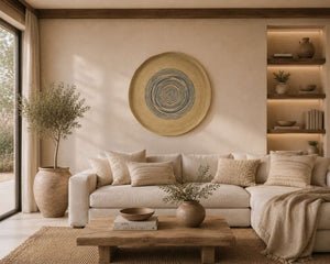 Plateau mural, rond, rayé, jonc de mer, naturel/bleu, (L)