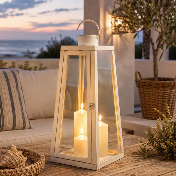 Weiße Glaslaterne mit LED-Kerze (L)