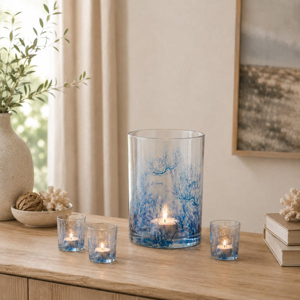 Lot de 8 - Photophore Corail Verre Bleu/Transparent (2 G) + (6 P)