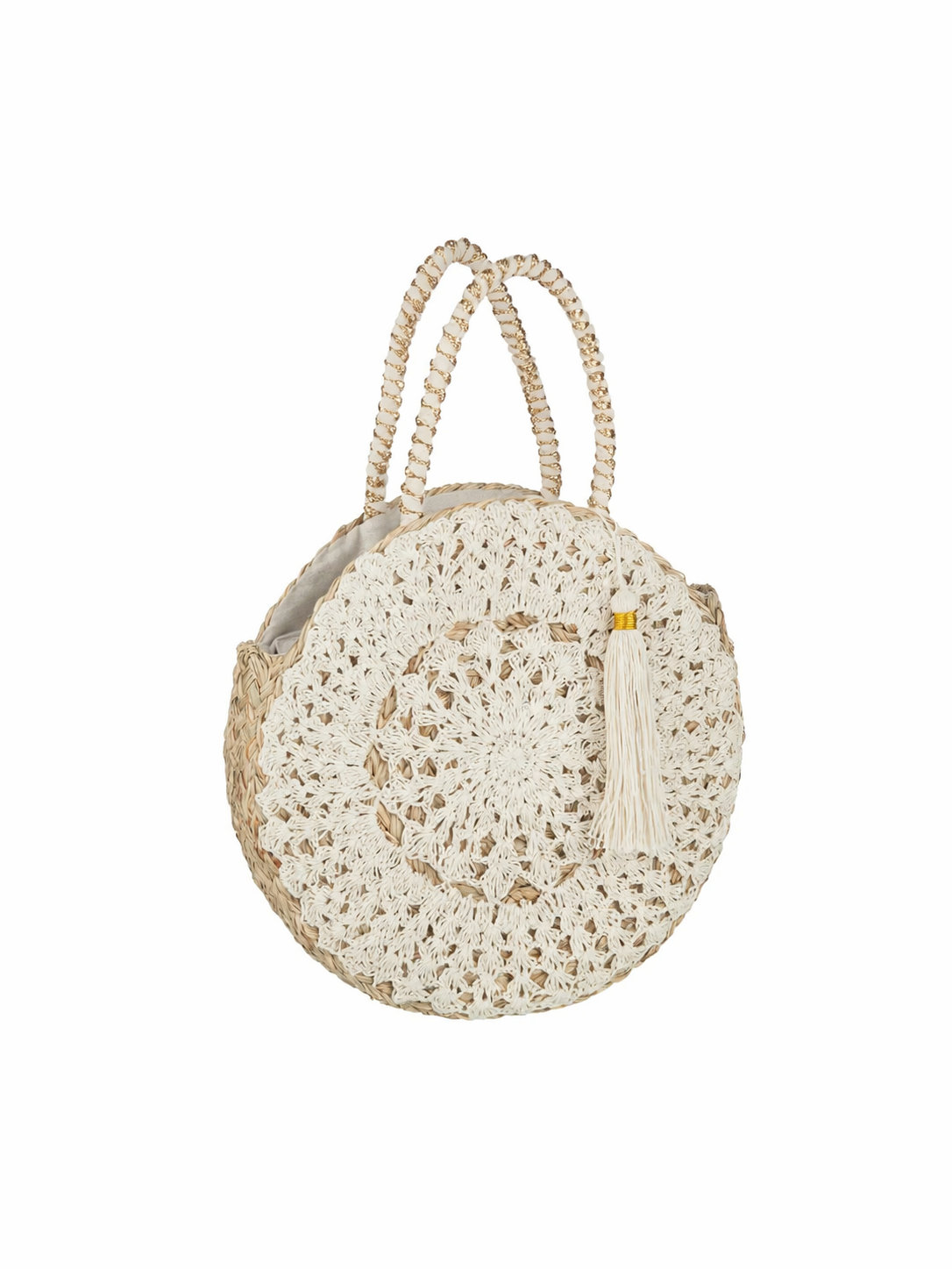 Round Beach Bag Seagrass Natural White with Tassel