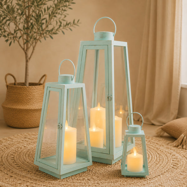 3er Set - Türkise Glaslaterne mit LED-Kerze (S) + (M) + (L)